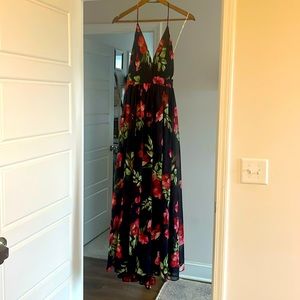 Navy blue pink floral maxi dress